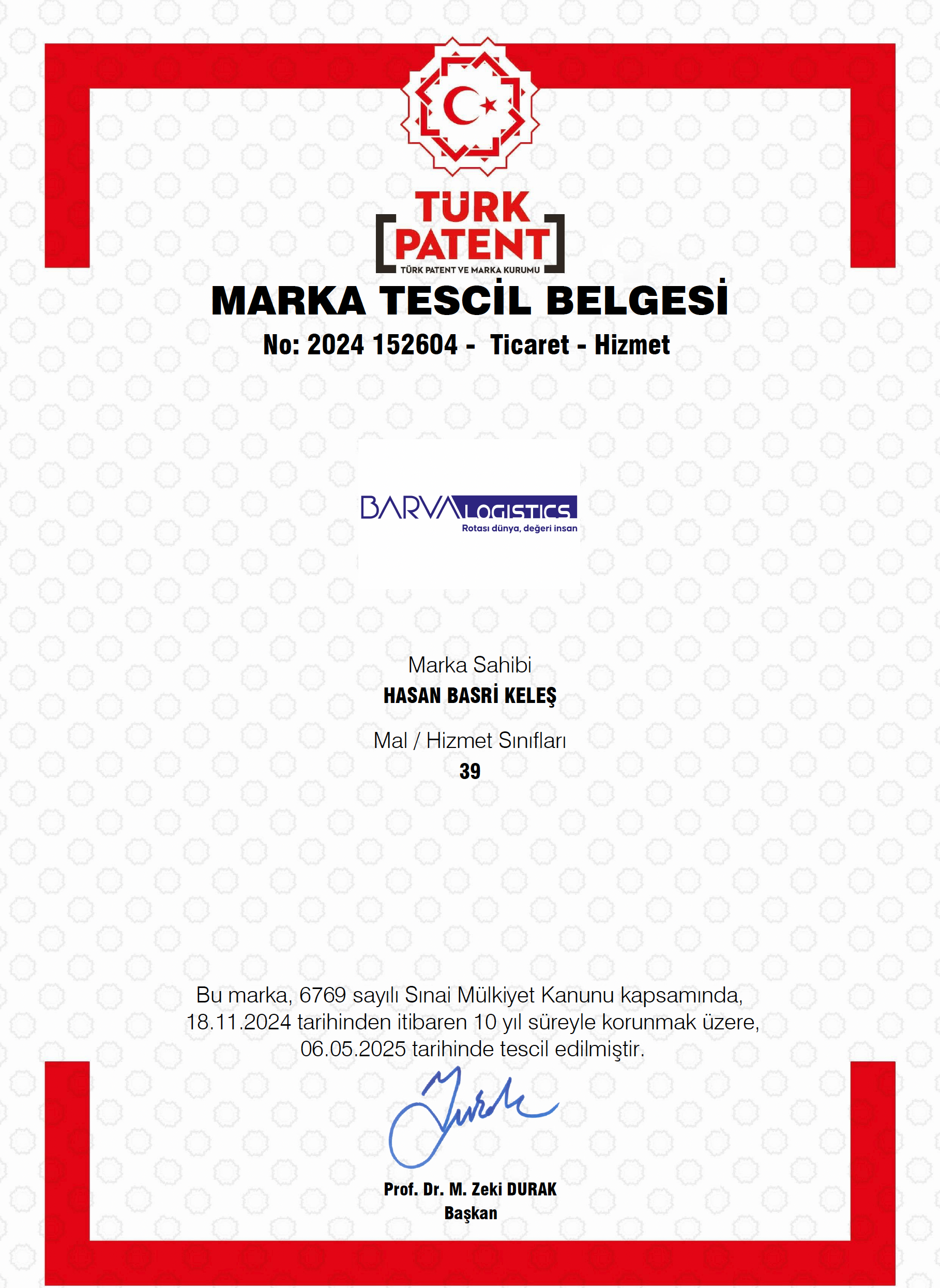 Barva Lojistik Marka Tescil Belgesi